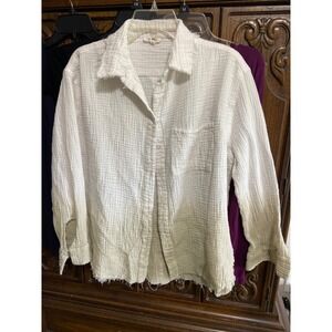 La Miel Gauze Button Down Shirt Women Small Cream Beige Ombre Dip Dye Raw Hem